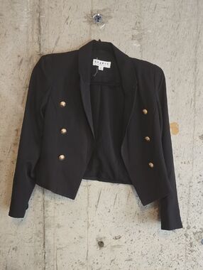 Cropped Black Double-Breasted Blazer with Gold Buttons by